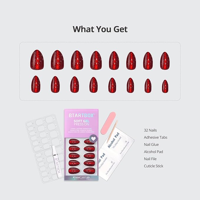 BTArtbox Press On Nails Short - New Red, Sparkle Deep Red Almond Valentines Press On Nails with Glue and Adhesive Tabs for Women in 16 Sizes - 32 Soft Gel Glue On Nails Kit