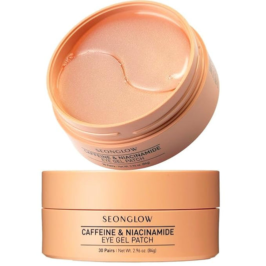 SEONGLOW Caffeine Under Eye Patches: 30 Pairs Korean Hydrogel Eye Masks for Dark Circles Puffiness Relief with Niacinamide Hyaluronic Acid - Undereye Brightening Hydrating Anti-Wrinkle Treatment
