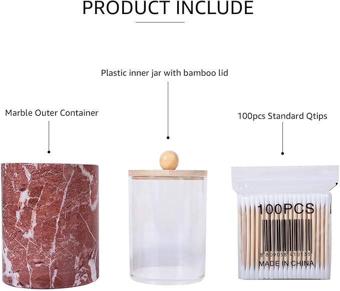 Travertine Marble Qtip Holder Dispenser with Bamboo Lid & Clear Plastic Inner Jar - Bathroom Vanity Organizer for Cotton Swab, Ball, Makeup Pads, Floss - Storage Container (Rosso Red Marble)