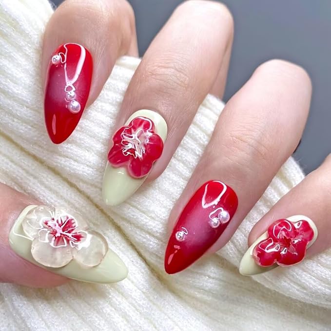 Medium Women Press On Nails - Medium Almond Handmade 10Pcs Unique Fake Nails, Artistic Design, Thick Acrylic and Muti-Layer Gel False Nails-M size