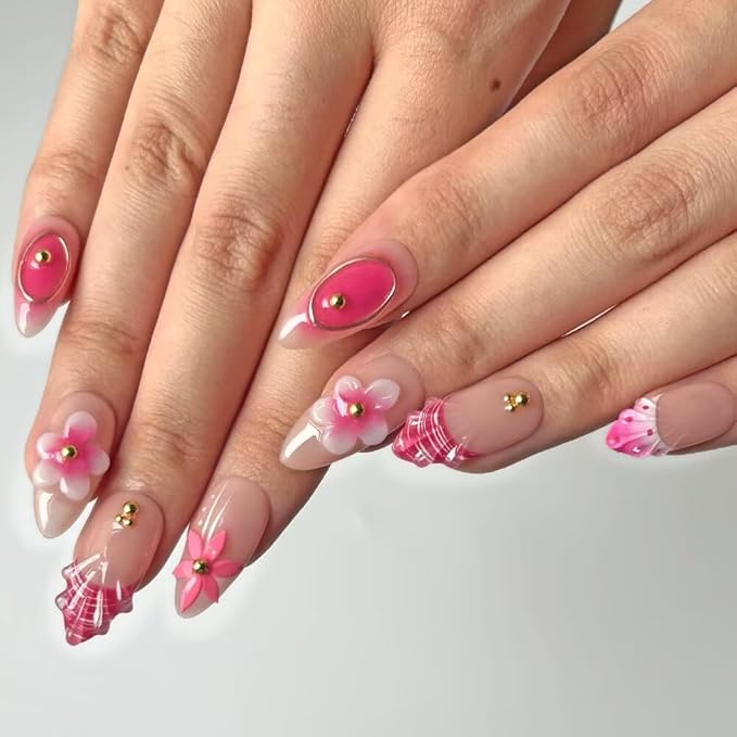 MAGLFELL 10Pcs Press On Nails Handmade Almond Shaped Fashionable Nail Art for Women, 3D French Floral Fake Nails, Reusable Artificial False Nails Pink Acrylic Nails Kit (Size M)