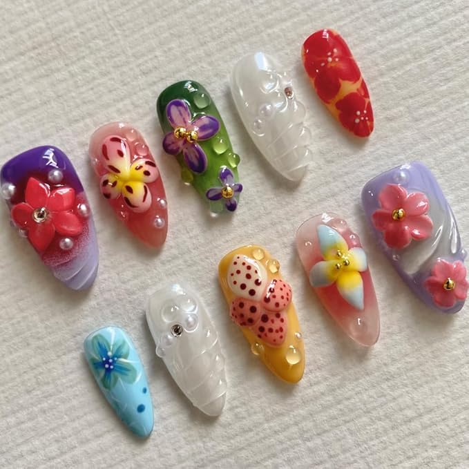 Press On Nails - Short Coffin Handmade Unique Fake Nails, Artistic Design, Thick Acrylic and Muti-Layer Gel False Nails, Reusable UV Gel Cured Sturdier 3D Fake Nails,DIY Art Decorate