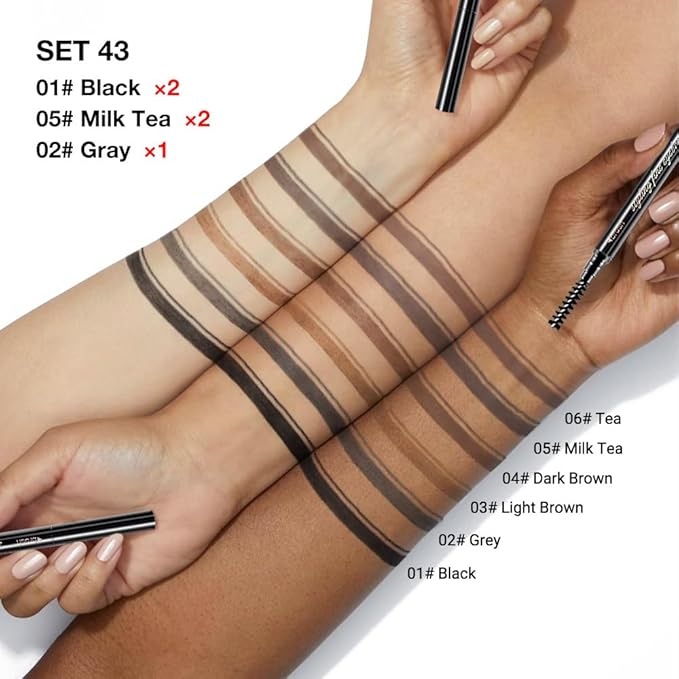5 Pcs Dual-Sided Auto-rotate Ultra-Fine Tip Eye Brow Pencils Pack, Draws Tiny Precise Brow Makeup, Hairs, Defines, Fills Brows, Shapes, Contours, Combs, ‌1mm Pen Point (2*Black+2*Milk tea+Gray)