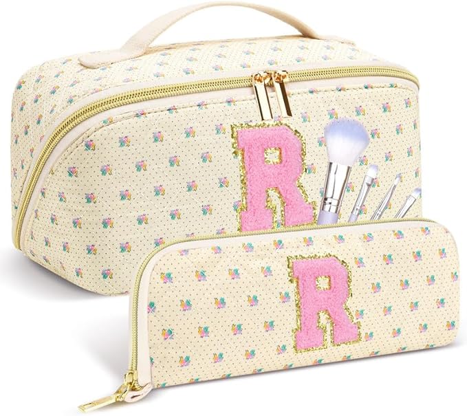 Personalized Travel Makeup Bag Set, Initial Travel Cute Floral Makeup Organizer Bag, Beige Toiletry Skincare Cosmetic Bag, Valentine’s Day Gifts for Women/Girls, Open Flat Toiletry Pouch Brush Bag