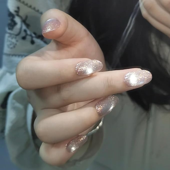 Cat Eye Press on Nails Handmade Short Oval/Square/Round False Nails with French Tip/Aurora/Magnetic Shimmer Designs (Glitter#Oval It Girl L)