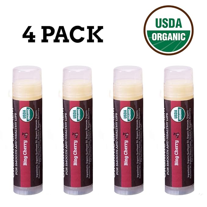 Earth's Daughter USDA Organic Cherry Lip Balm 4-Pack- Cherry Flavor - Beeswax, Coconut Oil, Vitamin E - Best Lip Repair Chapstick for Dry Cracked Lips.