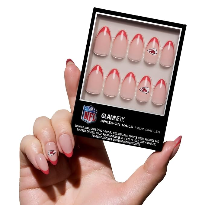 Glamnetic x Fanatics Press On Nails - Kansas City Chiefs | Short Almond Fake Nails, NFL Chiefs Red French Tips, Football Nails, Salon-Quality | 15 Sizes - 30 Nail Kit with Glue