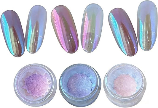 CHARMING MAY Moonlight Rainbow Chrome Nail Powder,3 Jars Aurora Nail Powder Unicorn Mermaid Chrome Powder for Nails Nail Art Glitter (Moonlight#123)