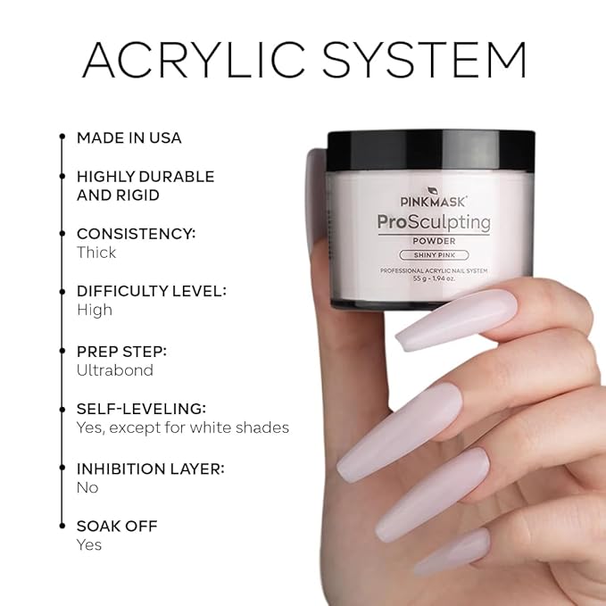 Pink Mask - Pro Sculpting Acrylic Nail Powder - Self-Leveling Formula for Bubble-Free Finish - 55 g / 1.94 oz - Baby Pink