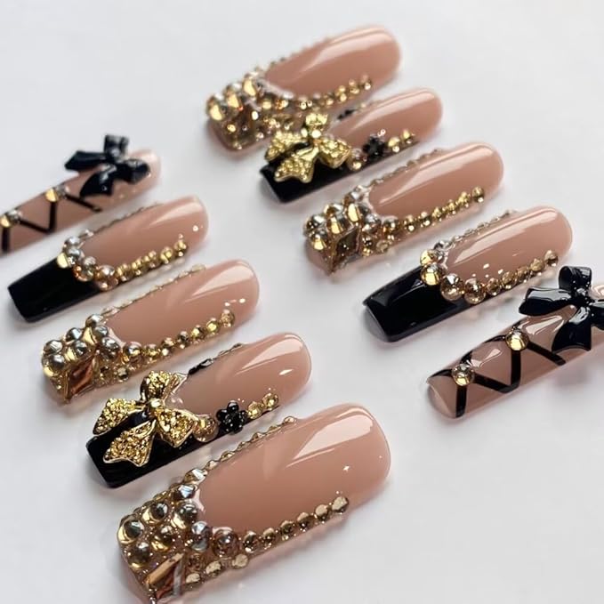 MAGLFELL Press On Nails - Handmade French Square Fake Nails, Luxury Cute Golden Bow and Diamond Design, Reusable Artificial Square False Nails for Women 10 Pcs 3D Acrylic Nails Kit (Size S)