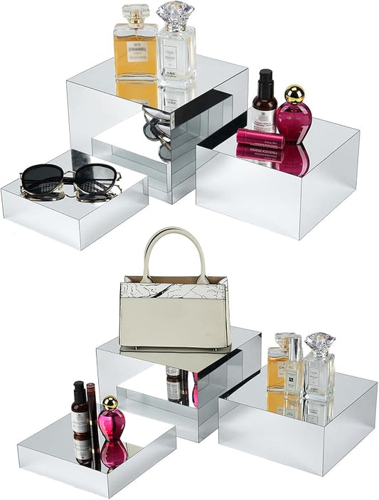 Display Riser Stands, 6pcs Silver Mirror Riser Stand, Acrylic Square Display Boxes, Tiered Food Display Buffet Riser, Purse Stand, Retail Product Showcase for Perfume Collection Jewelry Dessert Party