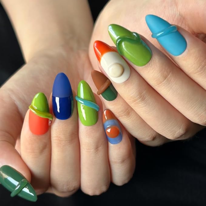 MAGLFELL Women Press On Nails - Medium Almond Handmade 10Pcs Unique Fake Nails, Artistic Design, Thick Acrylic and Muti-Layer Gel False Nails (Size M)