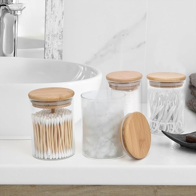 BKYFPQ 4 Pack Glass Qtip Holder Dispenser Set - Apothecary Jars with Lids for Vanity Makeup Organizer - Bathroom Canister Storage Organizer for Cotton Ball, Swab, Round Pads,Floss