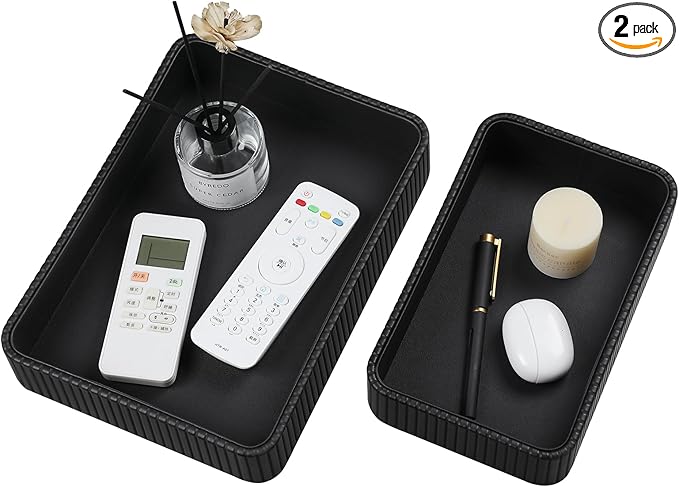 MEIBOOCH 2 Pack Nightstand Organizer Tray, Decorative Perfume Valet Tray Trinket Dish Catch All Purse Key Bowl, PU Leather Coffee Table Trays for Vanity Dresser Bedside Bathroom Countertop (Black)