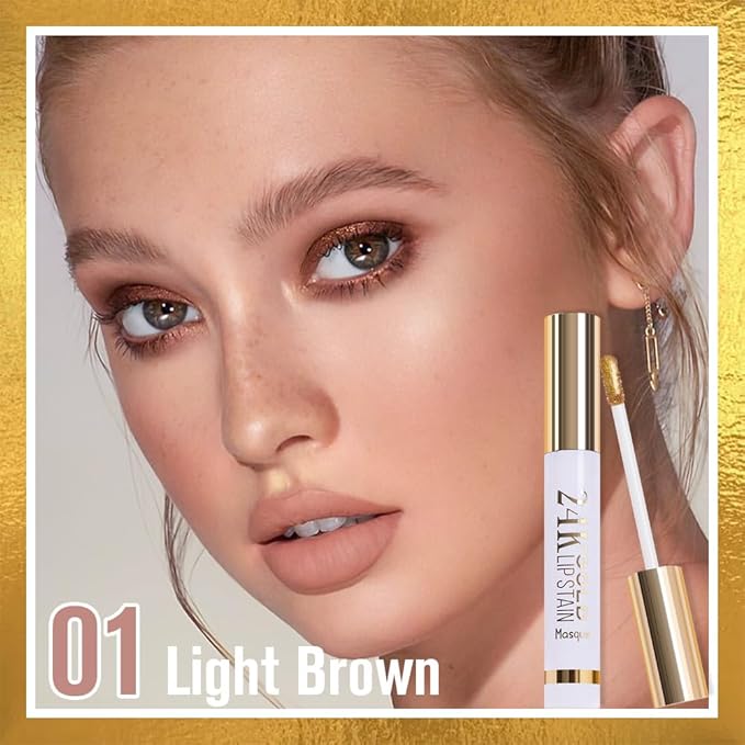 JUAAZIN 2Pcs 2025 New 24K Gold Liquid Lip Gloss Peel Off Lip Stain Tattoo with Tweezer, Lips Stain Peel Off Masque, Long Lasting Waterproof Lip Tint Stain, Transfer-proof for All Skin Types 01#+02#