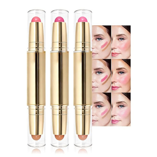 evpct 3Pcs 2In1 Blush Contour Multiuse Makeup Sticks Set, Pink Rose Berry Tan & Nude Brown Creamy Butter Blush Bronzer Contour Multiuse Stick for Cheeks Lips Eyes Faces, Ultra-Creamy Radiant Finish