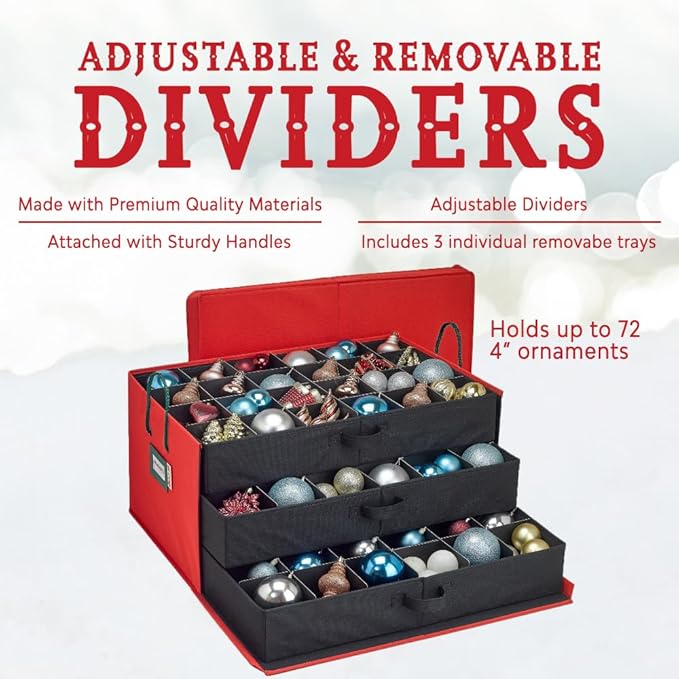HOLDN’ STORAGE Christmas Ornament Storage Box with Dividers, Holds Up to 72 Ornaments (4 Inches), Large Organizer with 3 Stackable Trays - Red