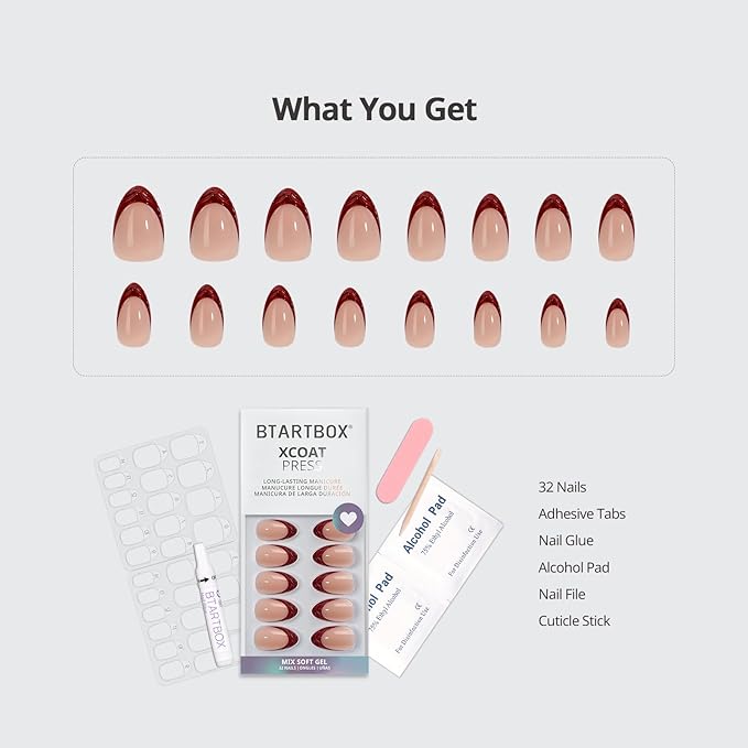 BTArtbox Press On Nails Short - Lucky Stripe, Lamp-Curable 3D French Tip Almond Press On Nails with Glue and Adhesive Tabs for Women in 16 Sizes - 32 Soft Gel Glue On Nails Kit