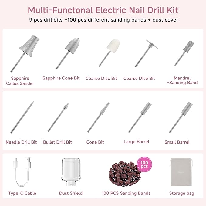 Professional Manicure Pedicure Kit, Cordless Electric Nail File Set, 360° LED Light Nail Drill Machine with LCD Display, 10 Speeds Rechargeable Nail Drill Grinder for Gel Nail Thick Toe Nails
