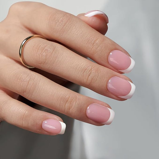 BTArtbox Press On Nails Short - Square French Tip Press On Nails, Fake Nail with Nail Glue, Natural Reusable Stick On Nails in 15 Sizes - 30 Fake Nails Kit, Silken Halo
