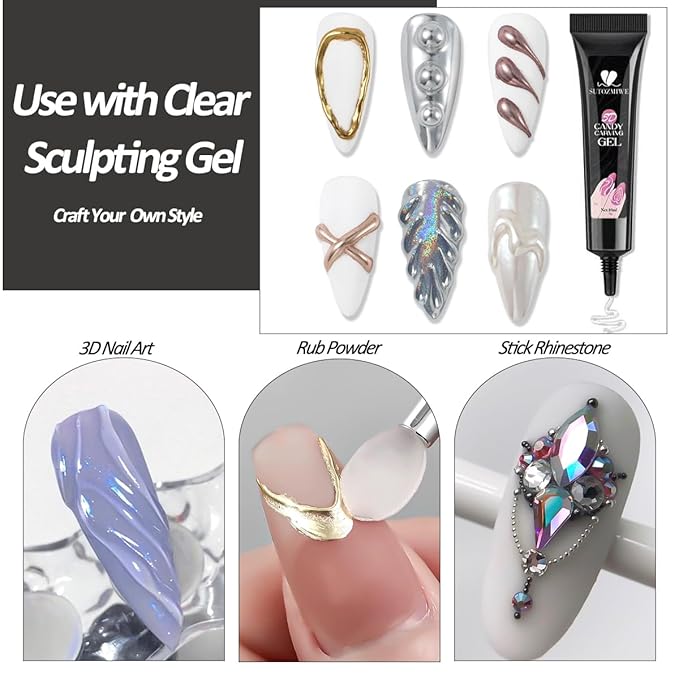 SUTOZMIWE Chrome Nail Powder and 3D Nail Gel Kit, Metallic Mirror Glitter Effect Chrome Powder For Nail Art, Holographic Aurora Iridescent Dip Dust Pigment and 10g Sculpting Gel Set for Nail Decor DIY