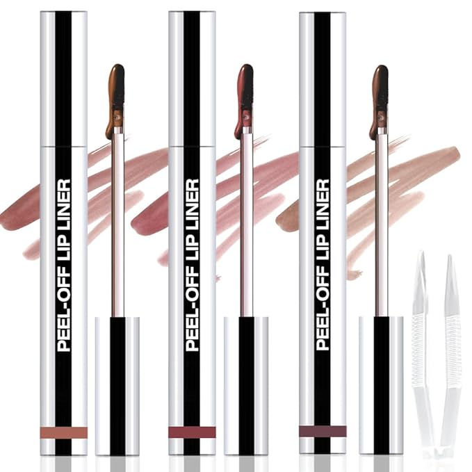 JUAAZIN 3Pcs Matte Lip Stain Peel Off Lip liner with Tweezer, Peel Off Lip Stain, Long Lasting Waterproof Lipstick Lip Gloss Tattoo, Transfer-proof for All Skin Types (0.36 fl oz-02#+03#+05#)