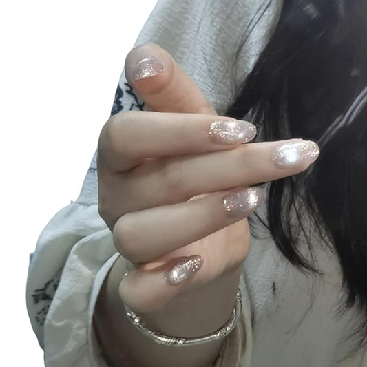 Cat Eye Press on Nails Handmade Short Oval/Square/Round False Nails with French Tip/Aurora/Magnetic Shimmer Designs (Glitter#Oval It Girl L)