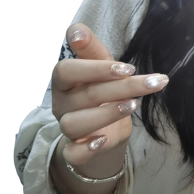 Cat Eye Press on Nails Handmade Short Oval/Square/Round False Nails with French Tip/Aurora/Magnetic Shimmer Designs (Glitter#Oval It Girl M)