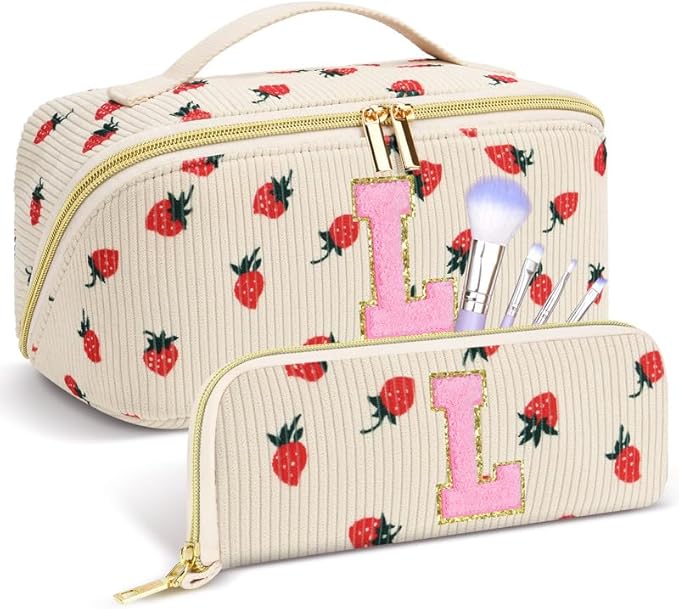 Personalized Travel Makeup Bag Set,Initial Travel Strawberry Makeup Organizer Bag,Toiletry Skincare Cosmetic Bag, Valentine's Day Gifts for Women/Girls/Teen,Open Flat Toiletry Pouch with Brush Bag