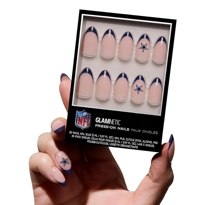 Glamnetic x Fanatics Press On Nails - Dallas Cowboys | Short Almond Fake Nails, NFL Cowboys Blue French Tips, Football Nails, Salon-Quality | 15 Sizes - 30 Nail Kit with Glue