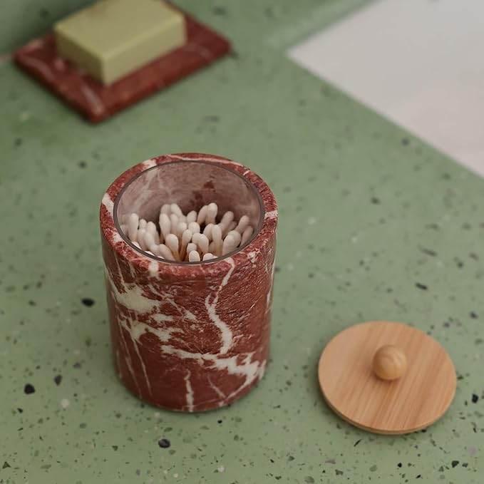 Travertine Marble Qtip Holder Dispenser with Bamboo Lid & Clear Plastic Inner Jar - Bathroom Vanity Organizer for Cotton Swab, Ball, Makeup Pads, Floss - Storage Container (Rosso Red Marble)