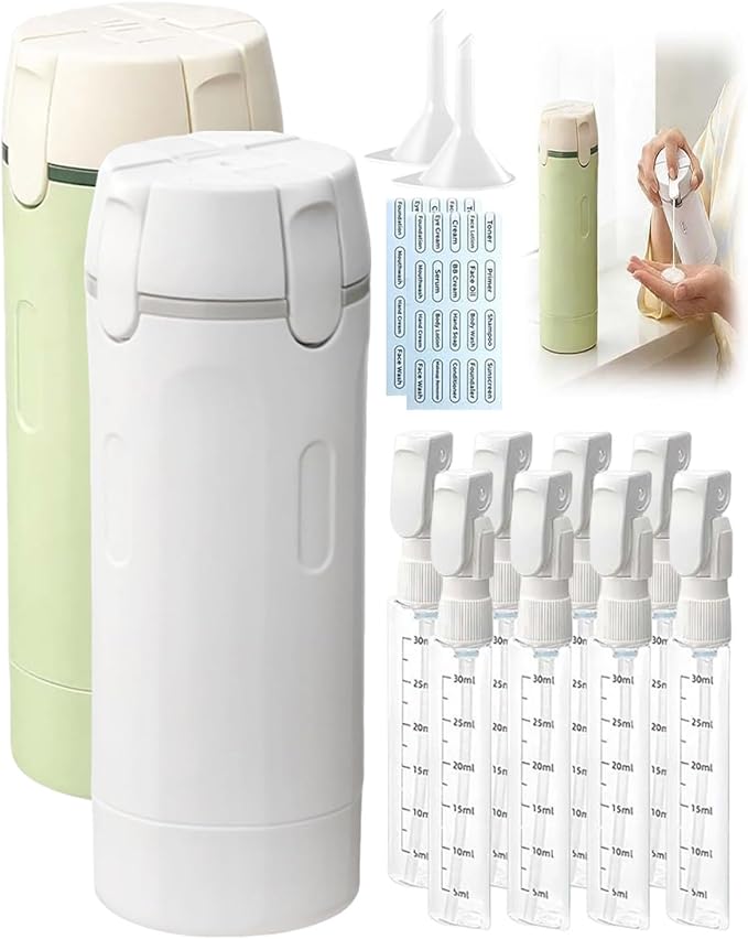 4 in 1 Travel Dispenser, Portable Leak Proof Refillable Squeeze Bottles with Label, 4 Pack 30ml Travel Size Bottle Set for Shampoo Lotion Conditioner Cream, Toiletry Storage Containers Gift (2MIX)