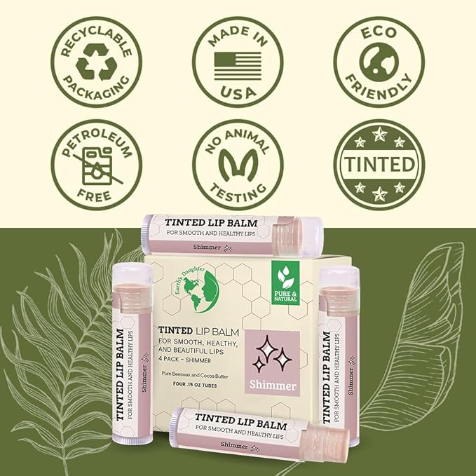 Earth's Daughter Tinted Lip Balm Shimmer 4 Pack, Beeswax, Coconut Oil, Cocoa Butter, Vitamin E, Moisturize and Beautify, Paraben Free