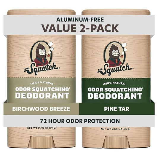 Dr. Squatch Natural Men’s Deodorant – Aluminum Free Natural Deodorant Men with Charcoal & Postbiotics for 72-Hour Odor Protection – Pine Tar + Birchwood Breeze, 2.65oz Stick (2-Pack)