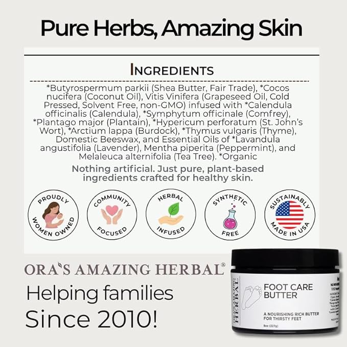 Ora's Amazing Herbal Foot Care Butter, Heel Balm, Foot Balm, Repair Cream for Dry Cracked Heels & Feet, Lavender, Tea Tree & Peppermint, 100% Recycled Plastic Jar, 2 oz