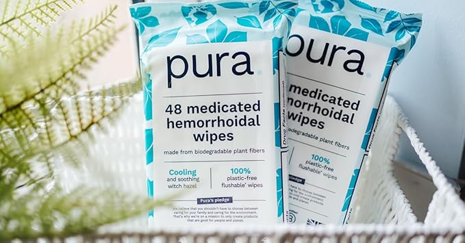 Pura Flushable Hemorrhoid Wipes XL, 48 Count, Medicated with Cooling Witch Hazel, Aloe & Coconut Oil, Fast Relief, Fragrance-Free, 100% Plastic-Free