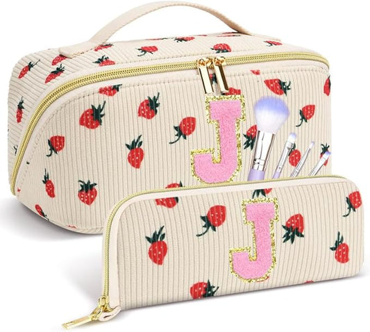 Personalized Travel Makeup Bag Set,Initial Travel Strawberry Makeup Organizer Bag,Toiletry Skincare Cosmetic Bag, Valentine's Day Gifts for Women/Girls/Teen,Open Flat Toiletry Pouch with Brush Bag