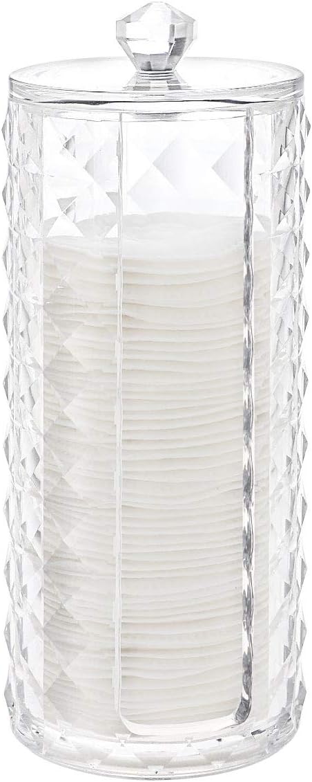 Acrylic Makeup Cotton Round Holder, Luxspire Clear Diamond Pattern Cotton Pads Organizer Container Display Stand Cosmetic Makeup Storage Box with Lid - Clear