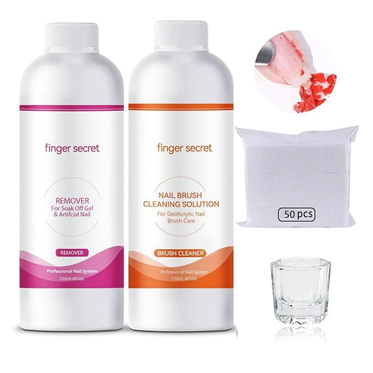 BEVINAS Nail Polish Remover Kit Nail Glue Remover & Nail Brush Cleaner Professional Nail Remover Quickly Clean Nail Brushes with Glass Cup Nail Cleaning pads for Nails