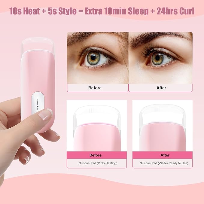 Visible Heated Eyelash Curler, Rechargeable Electric Eyelash Curlers 10S Fast Heat, Safe Anti-Burn Mini Heat Eye Lash Curler 24Hrs Long Lasting Natural C Curl Lashes (Pink)