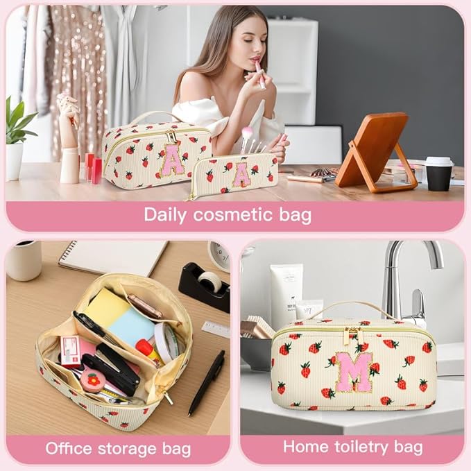 Personalized Travel Makeup Bag Set,Initial Travel Strawberry Makeup Organizer Bag,Toiletry Skincare Cosmetic Bag, Valentine's Day Gifts for Women/Girls/Teen,Open Flat Toiletry Pouch with Brush Bag