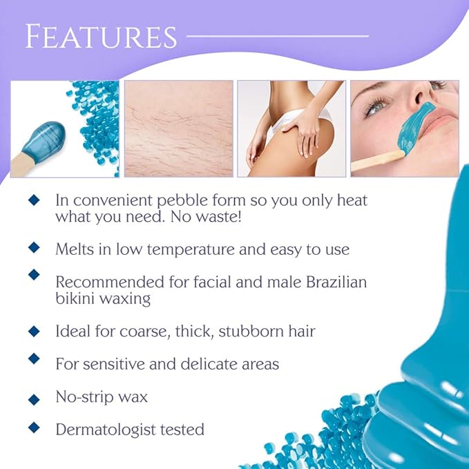 Satin Smooth Titanium Blue Hard Wax with Azulene Oil & Vitamin E, Thin Film Pebble Wax for Coarse Hair, Brazilian Bikini Waxing, Ideal for Sensitive Skin, Hair Removal Wax, 35oz