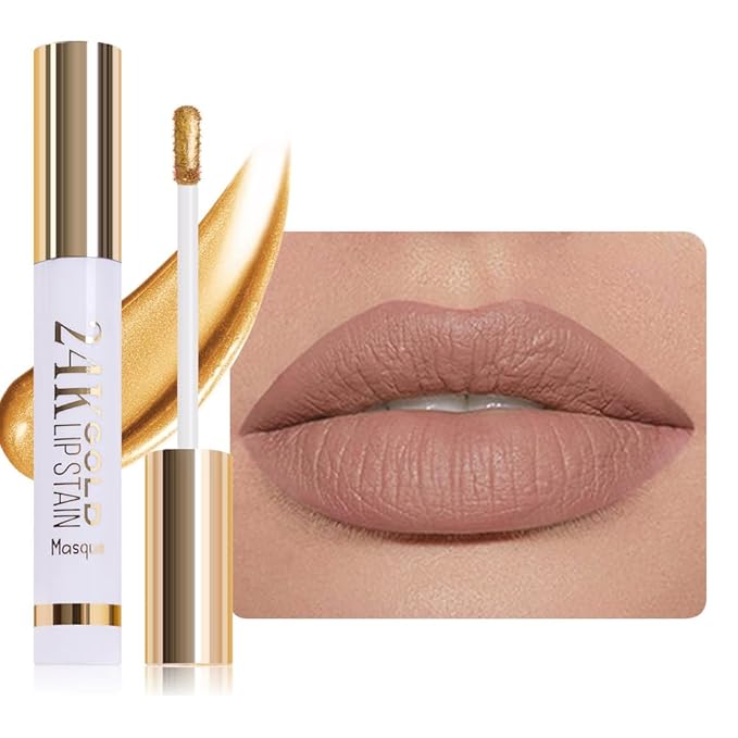 JUAAZIN All Day Lip Stain Peel Off Gold Liquid Lip Gloss Tattoo, Brownish Red Matte Finish Peel Off Lip Stain Masque, Long Lasting Waterproof Lip Tint, Transfer-proof for All Skin Types 02#