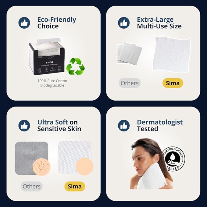 Sima Disposable Face Towels for Drying - 100% Cotton Face Wipes 100 Pack - Biodegradable Makeup remover for sensitive Skin, Gentle Clean facial cloth - Ultra-Soft & Lint-Free, Cruelty Free