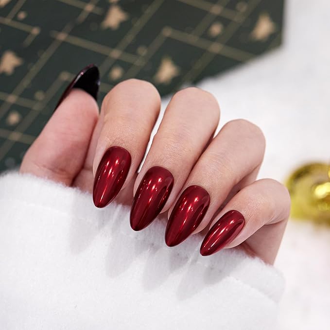 VSALON Press On Nails Almond, 32 Pcs 16 Sizes Red Press On Burgundy Chrome Metallic Medium Fake Nails With Glue & Cuticle Oil, Reusable Stick On Nails False Nails Kit Valentines Gift For Women