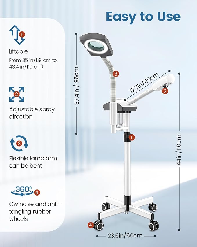 Kingsteam Professional 2-in-1 Facial Steamer with 5X Magnifying Lamp, Salon Grade Hot Mist Esthetician Device, Adjustable Timer, 2 Steam Levels, 3-Level LED Light, White