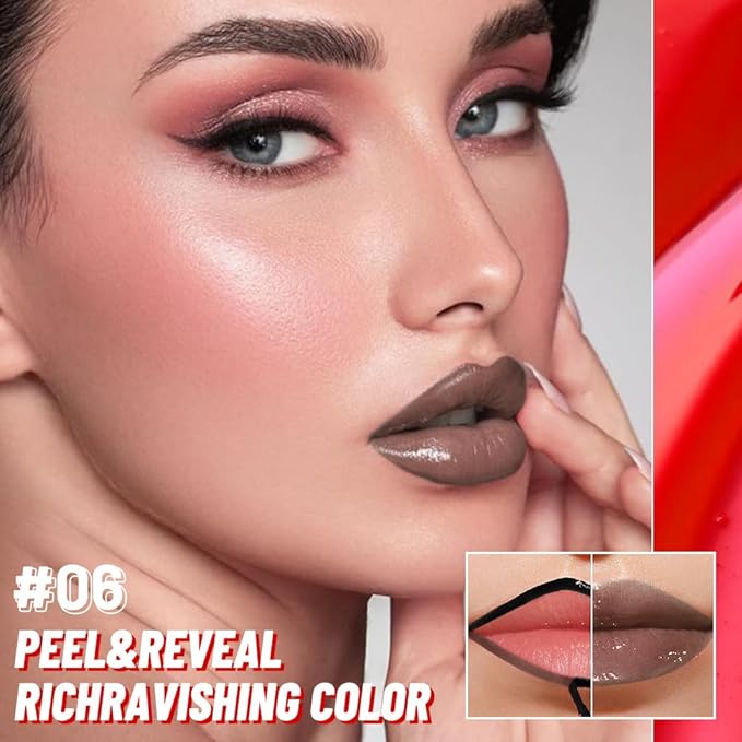 JUAAZIN Lip Stain Peel Off Lip Gloss oil Dual-Ended Combo, Brown Lips Liner Stain Peel Off Tattoo, Long Lasting & Waterproof, Transfer-Proof Lip Tint Stain with Lip oil for All Skin Type 06#