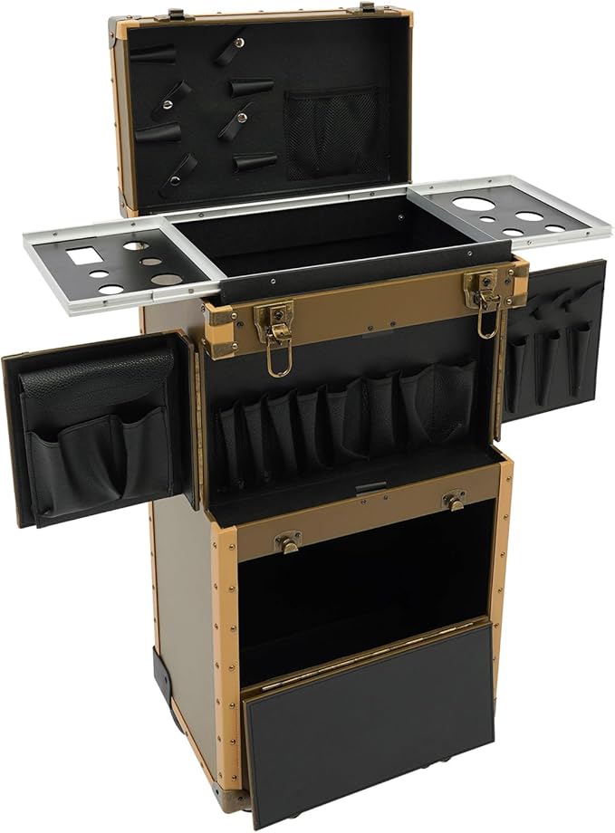 Rolling Lockable Makeup Train Case, Beauty Salon Luggage Hairdressing Trolley Stylist Beauty Salon Cosmetic Luggage Travel Organizer Tool Box for Professional Hairdressers(Golden)