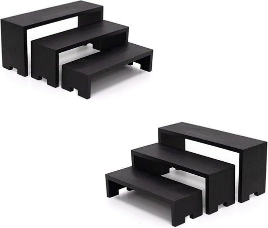 Display Wood Risers Wooden Stand 3 Tier Black Wood Racks Decorative Rectangular, 2 Set 6 Piece Cupcake Stands Cologne Perfume Organizer Dessert Showcase(Black)
