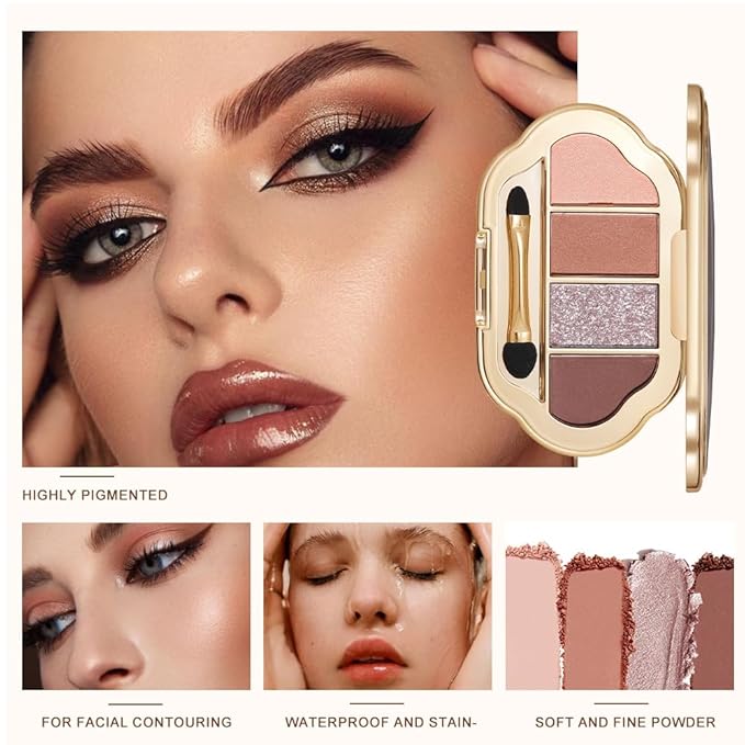 Nude Eyeshadow Palette 4 Colors, Warm Pumpkin Brown Matte & Shimmer Neutral Shades, Highly Pigmented Blendable Long-Lasting Powder, Smooth No-Fallout Daily Eye Makeup Palette and Natural Looks-B1
